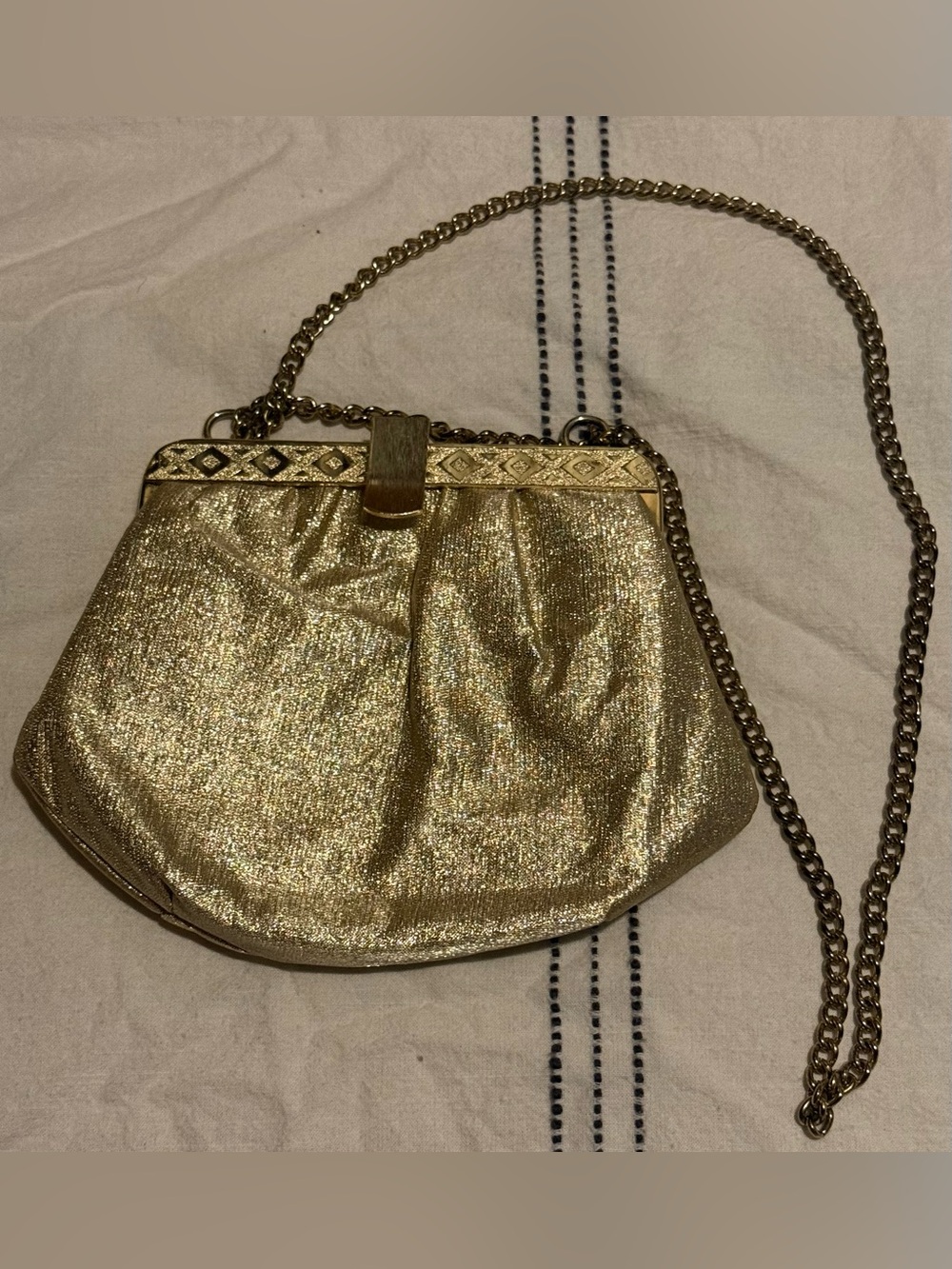 Vintage 1960s Gold Lamé Evening Bag Metallic Chain Frame Purse